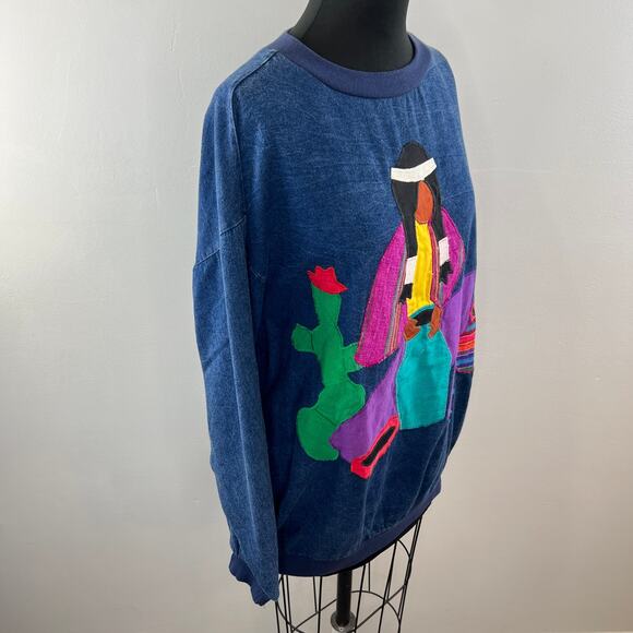 Unique Alfredo's Wife Native American Embroidered Applique Blue Crew Pullover XL - Picture 4 of 7